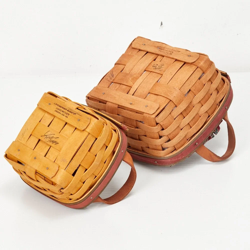 Longaberger Basket Set Multi 1991 Fathers Day Spare Change Wood Leather